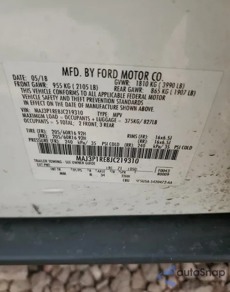 2018 Ford Ecosport S z USA, uszkodzony, nr VIN MAJ3P1RE8JC219310